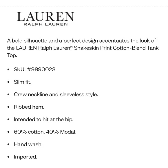 NWT Black Label LRL Snake Print Cotton Blend Tank - Picture 4 of 11